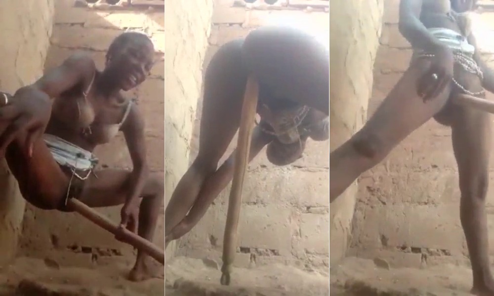 Pervert woman pushes one and a half meter long stick inside her pussy for pleasure