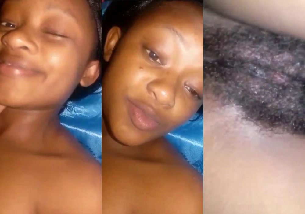 Cute face shows hairy wet pussy