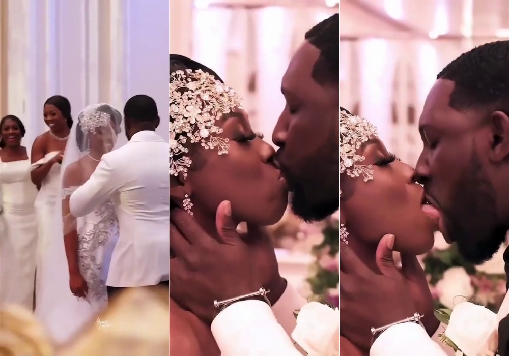 Bride and groom passionately french kissing excites the internet