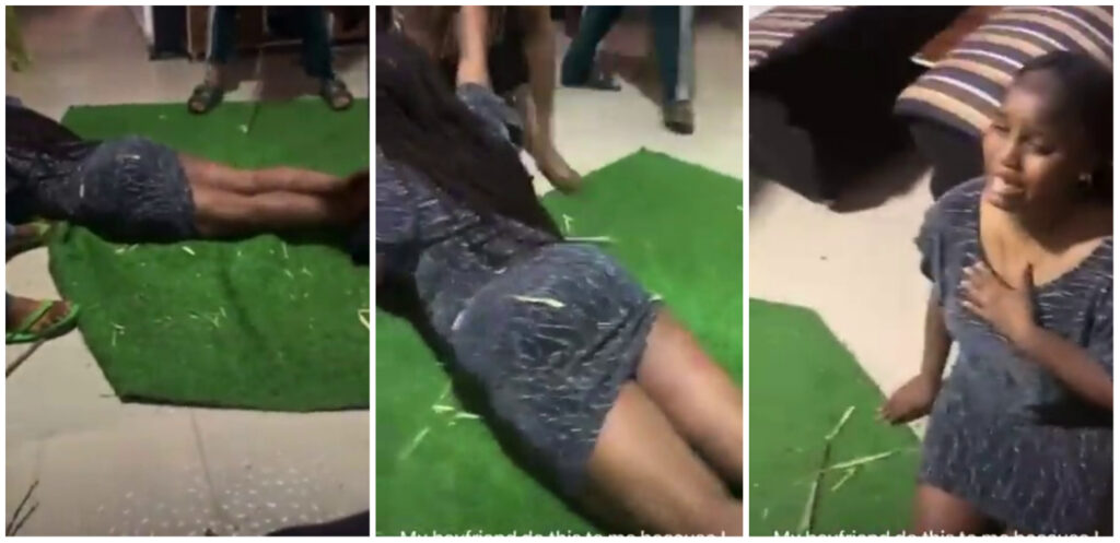Woman begs for mercy as her boyfriend and 3 male friends remove her panties and flog her silly